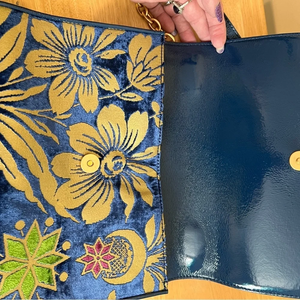 Tory Burch Blue Velvet Floral and Gold Women's Bag